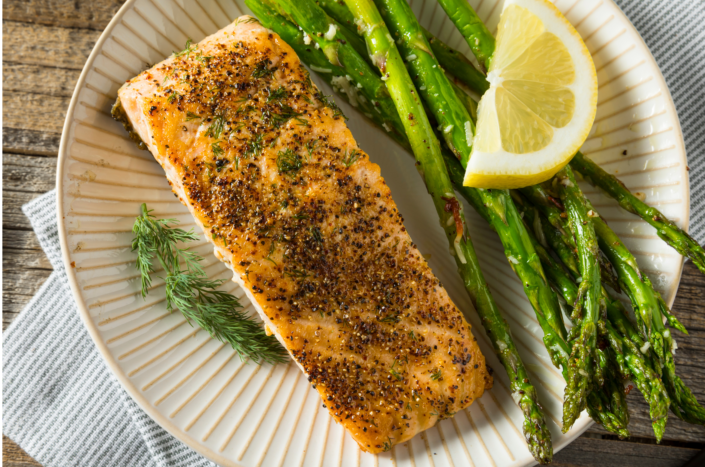 Roasted Salmon filet with mustard glaze and side of asparagus